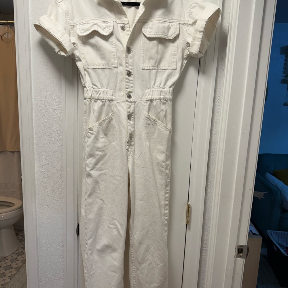 Free People Marci White Denim Cotton Utility Jumpsuit Coveralls XS - Picture 4 of 6